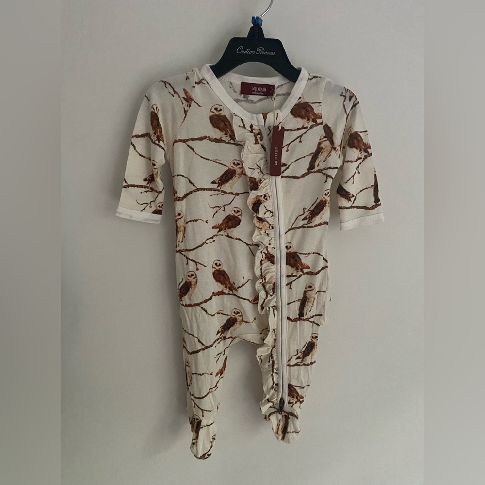 Milkbarn Owl Print Snap Footie - Cream and Brown